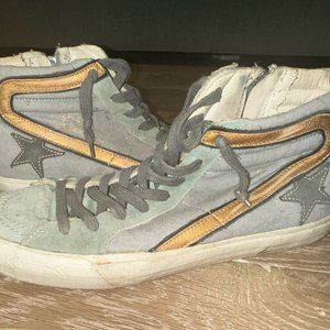 GOLDEN GOOSE SLIDE HIGH TOP SNEAKERS GRAY CANVAS & BLUE SUEDE Size 40